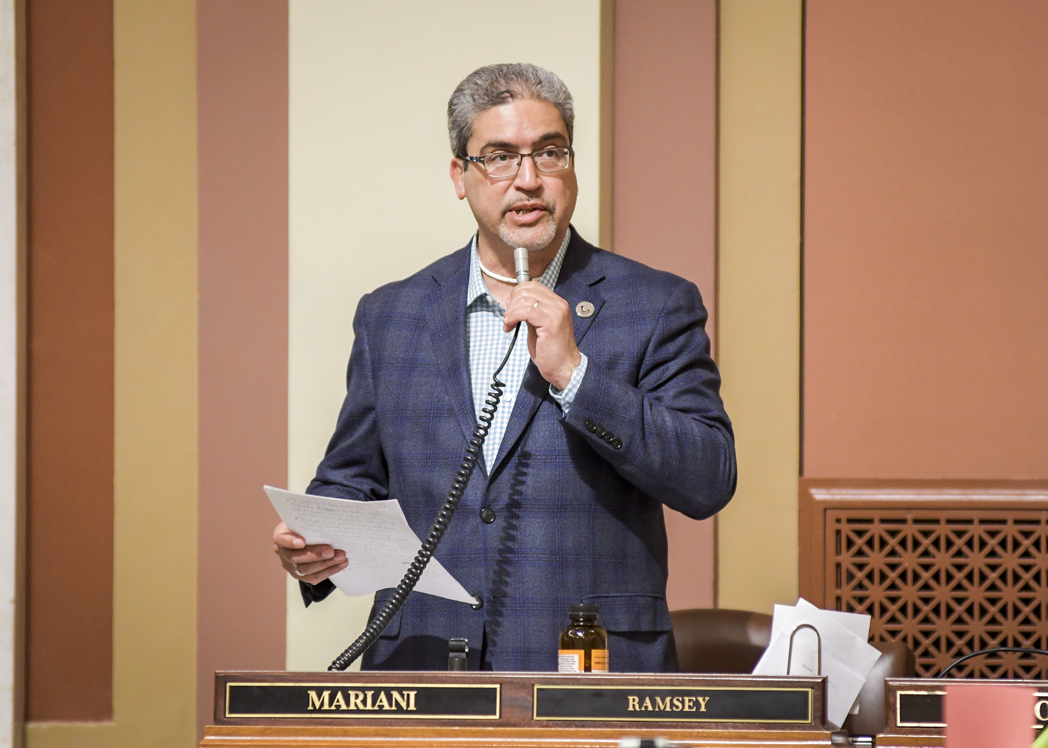 Rep. Carlos Mariani, chair of the House Public Safety and Criminal Justice Reform Finance and Policy Division, presents the omnibus public safety finance bill on the House Floor April 29. Photo by Andrew VonBank